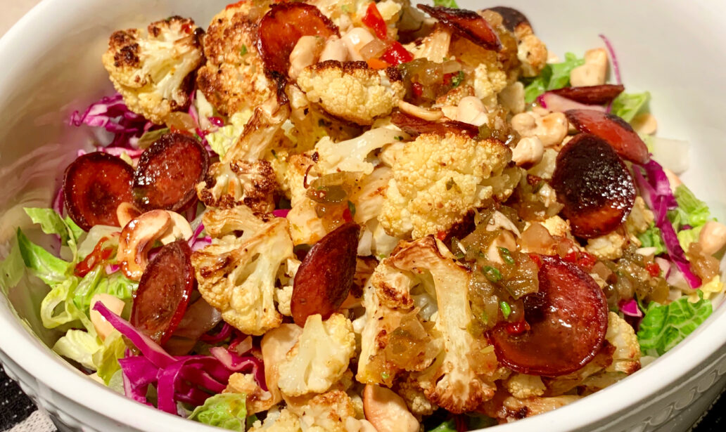 Roasted Cauliflower Salad with Crispy Pepperoni and Giardiniera Vinaigrette