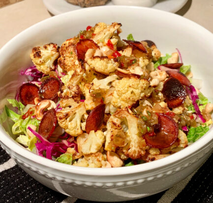 Roasted Cauliflower Salad with Crispy Pepperoni and Giardiniera Vinaigrette