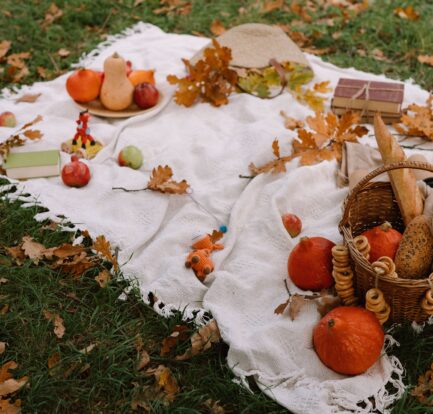 Fall Foods on a blanket outside with pumpkins, leaves